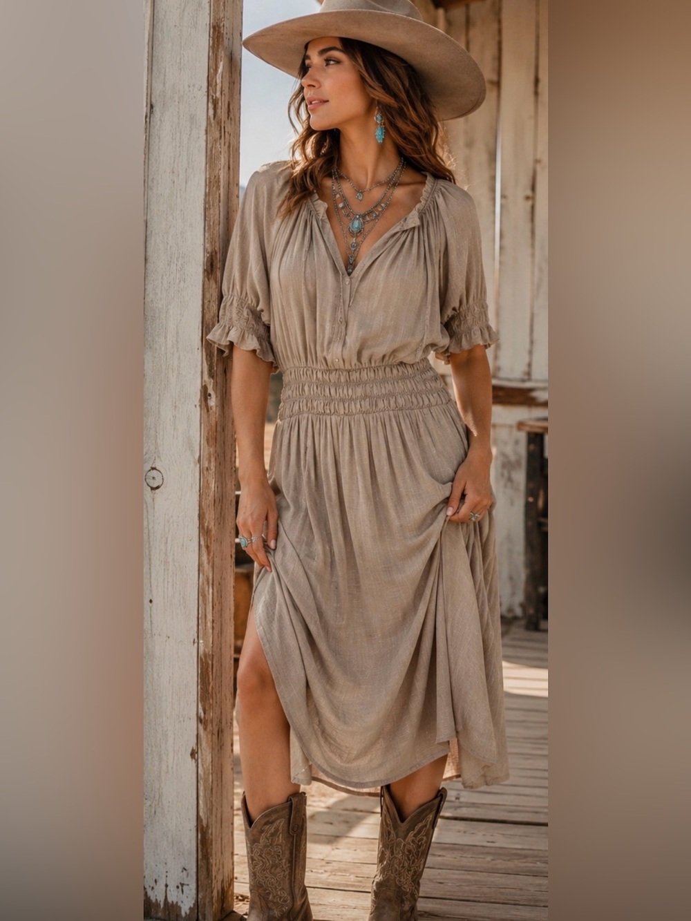 Emma & Michele XL Khaki Gauze Smocked Waist Boho Maxi Dress NWT